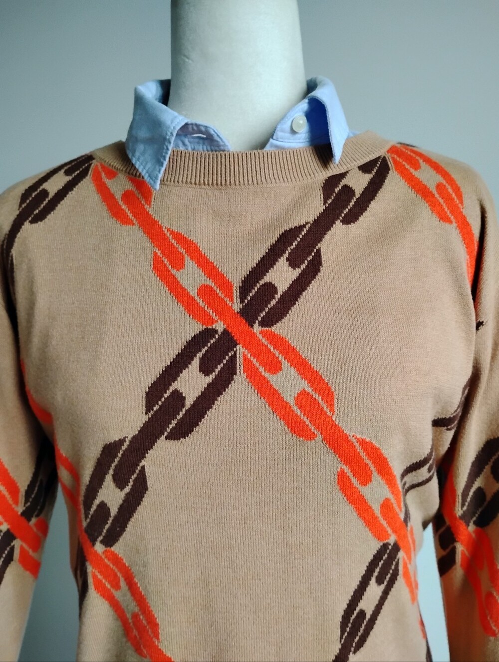 Talbots Cotton Blend Camel Tan Chain Link Orange Crewneck Sweater Size Small Pet